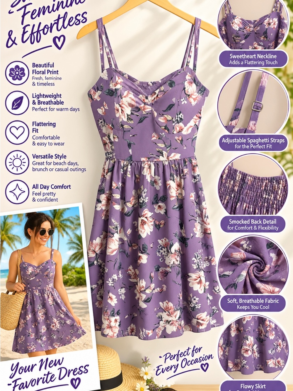 Girls' Purple Floral Sundress with Adjustable Spaghetti Straps